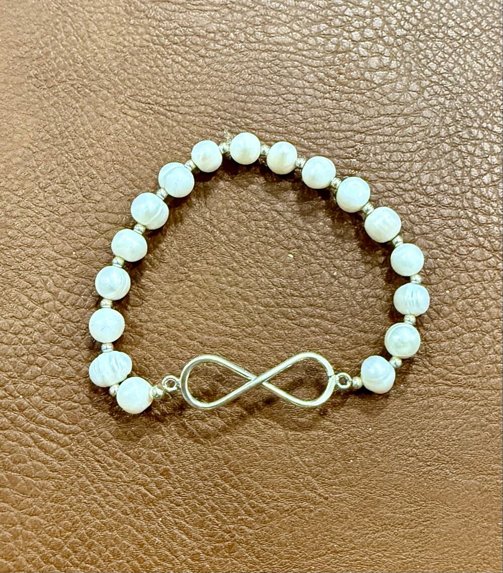 White Beaded Silver Stretch Bracelet – Infinity Charm